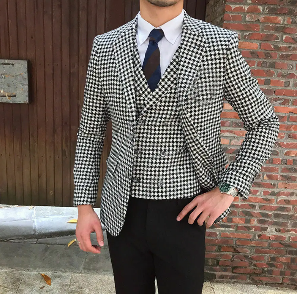 Men Houndstooth Dogstooth Blazer Suits Checkered Dinner Prom Tuxedos Suit Custom 