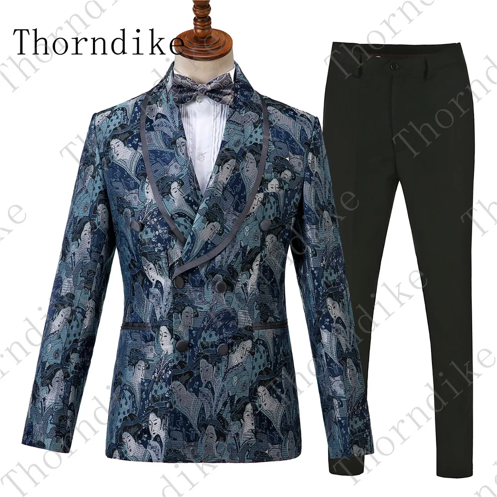 Thorndike Мужские Двойные приталенные пиджаки жаккардовые Terno Masculino Slim Fit цветочный узор мужские официальные костюмы 2 шт. куртка брюки