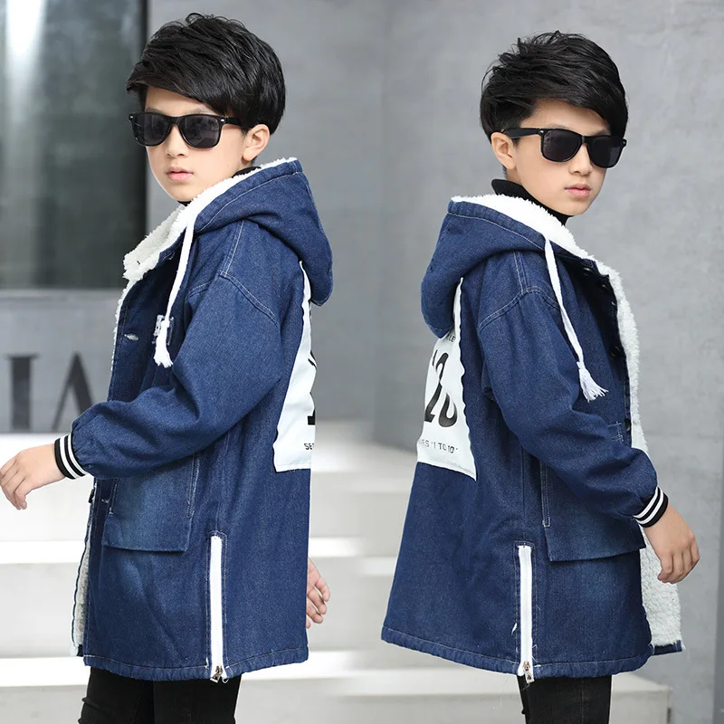 Джинсовые куртки для мальчиков модные классические Утепленные зимние детские куртки пальто для мальчиков теплая верхняя одежда для маленьких детей 10, 12, 14, 16 лет