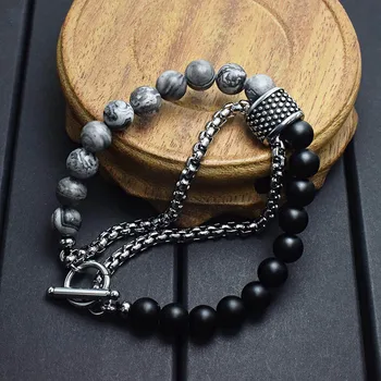

Natural Map Stone Men's Women Beaded strand Bracelet Stainless Steel wrap Bracelets Male Jewelry Tiger eye Hologram bracelet