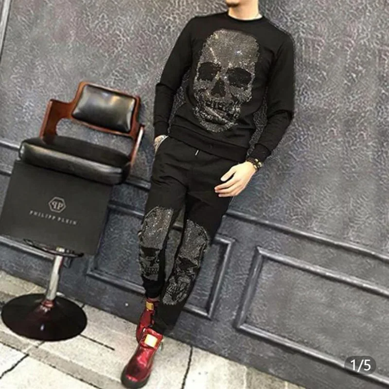 

Rhinestones Autumn Winter Men's Hooded Sweater Set Sportswear Tracksuit Long Sleeve Clothing Suit