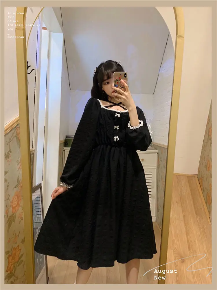 Long Sleeve Dress Women Patchwork Defined Waist Halted Lolita Sweet Girl Japanese Style Retro Vintage Bow Kawaii Fall Streetwear bodycon dress