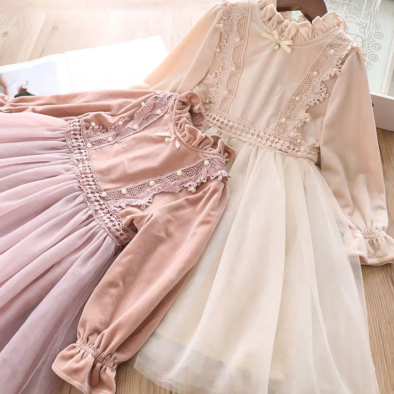 

Party Princess Girls Child Pearls Corduroy Tutu Lace Dresses Bow Ruffles Patchwork Beige Pink Color Sweet Kids Clothing