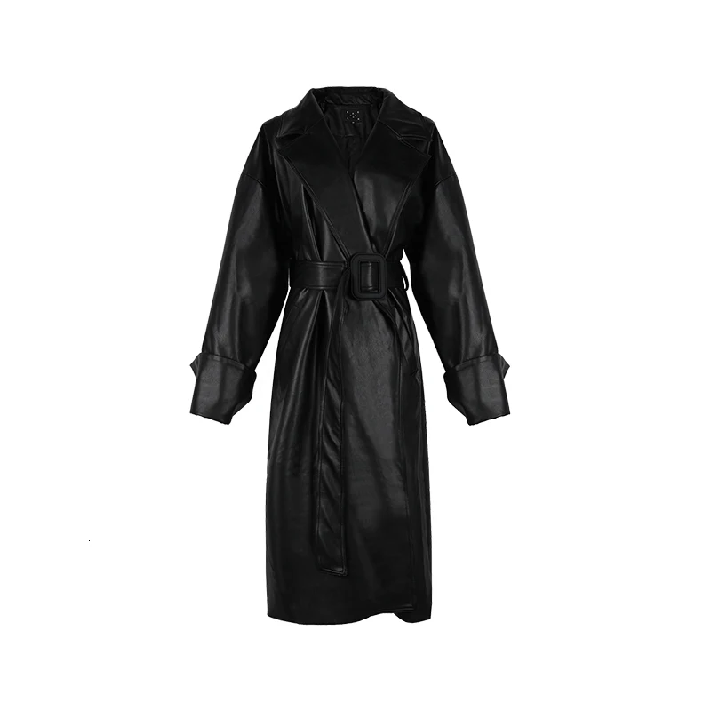 black quilted XJ2633 Повседневное длинное женское пальто из искусственной кожи с поясом, Зимняя мода, отложной воротник, красивый длинный рукав, черный цвет, новинка XJ2633 - Цвет: black quilted XJ2633