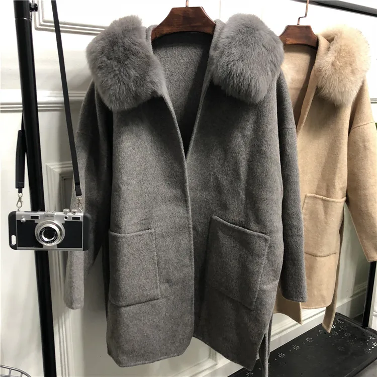 Пальто с натуральным мехом для девушек, повседневная верхняя одежда, зимняя куртка для женщин, Воротник из натурального Лисьего меха, капюшон, Кашемировое шерстяное пальто