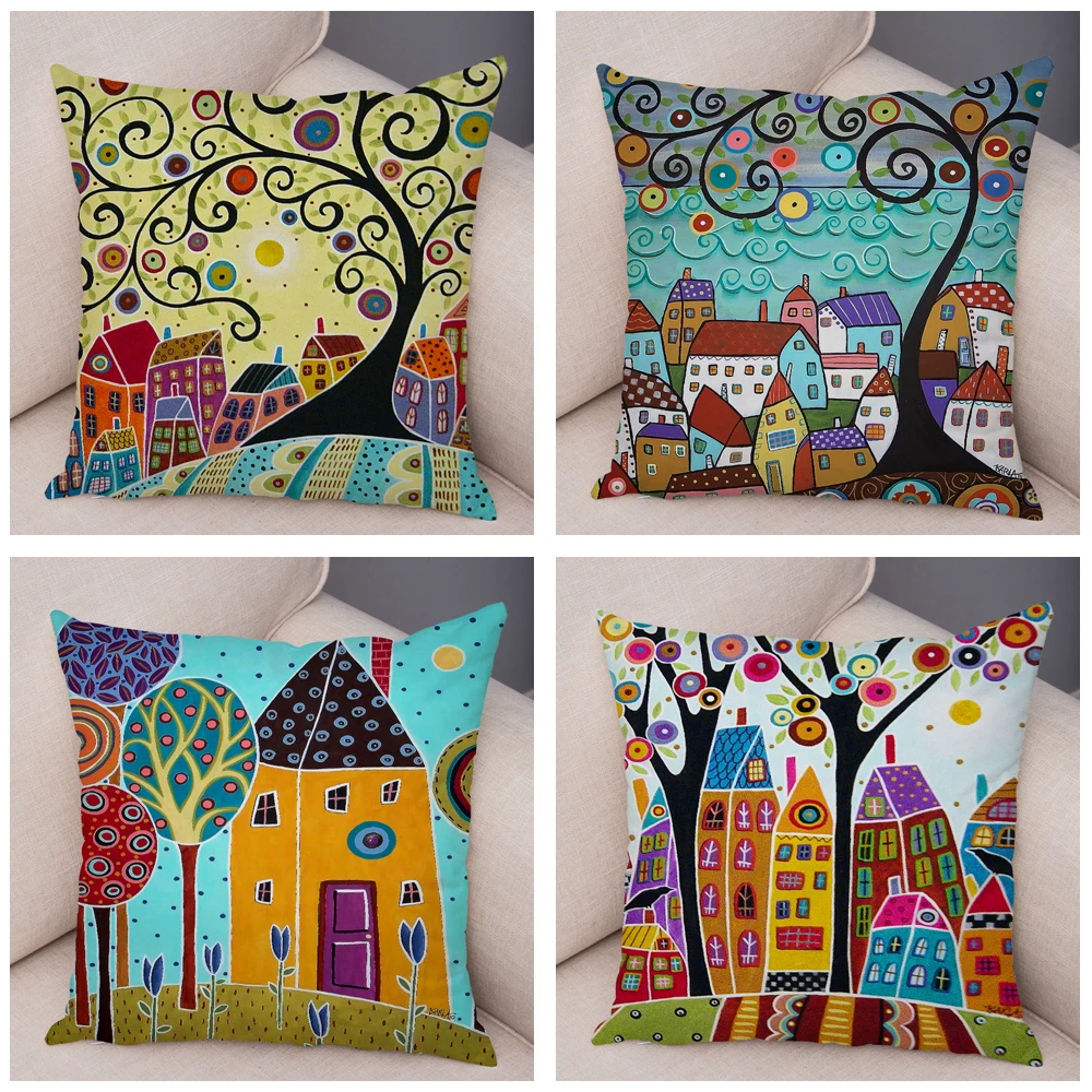 Throw Pillow Cover Cushion Cover Pillow Case Retro Rural Cities Cartoon House Tree Plush For Sofa Home Car Decor