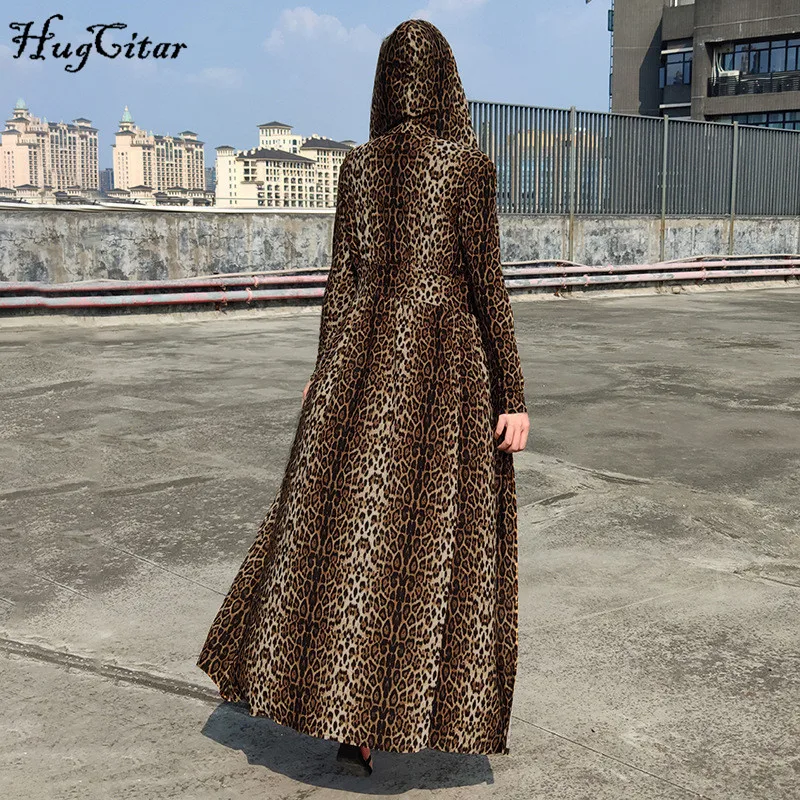 Hugcitar leopard print long sleeve hooded trench coats autumn winter women streetwear windbreak outfits