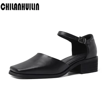 

smiple design cozy dress wedding summer shoes woman squatre toe square high heels shoes buckle shallow sandal party pumps women