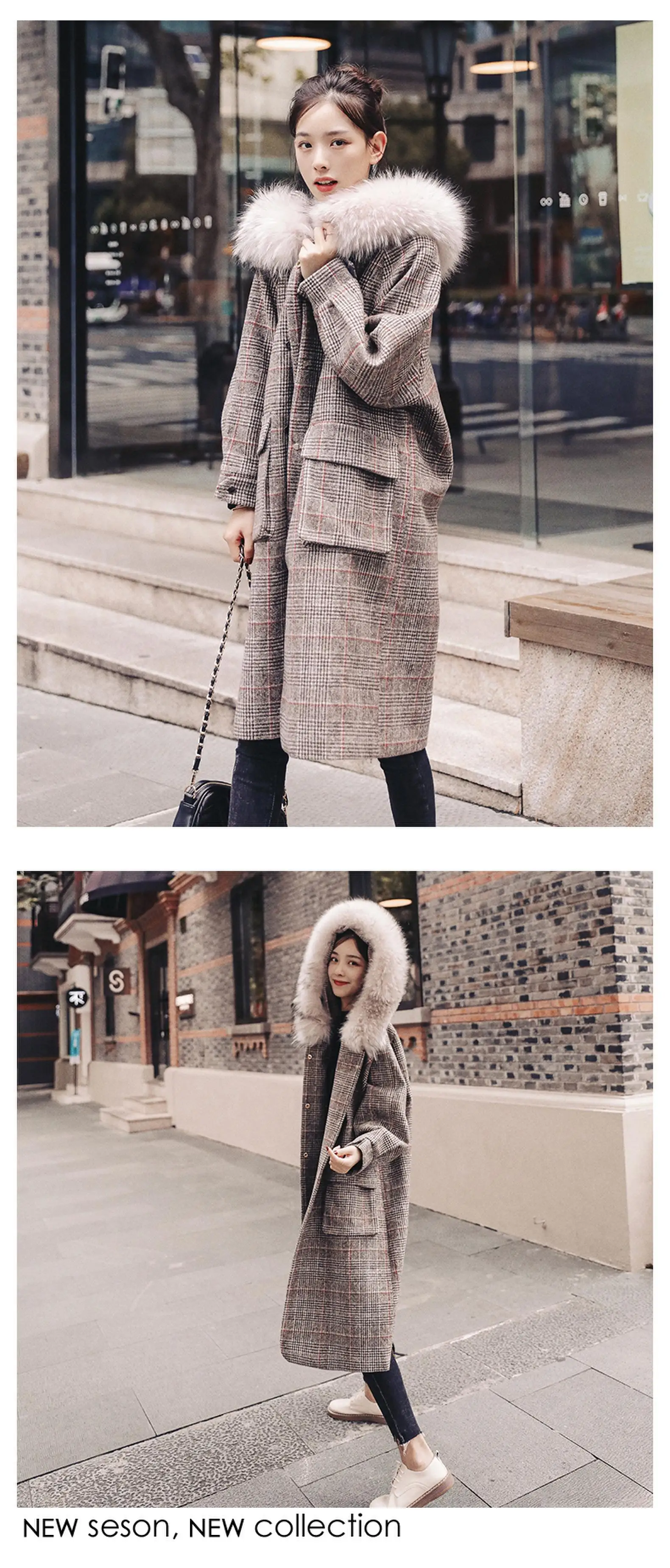 Женское элегантное зимнее шерстяное коричневое клетчатое пальто большого размера, длинное однобортное шерстяное пальто размера плюс, Manteau Femme Hiver