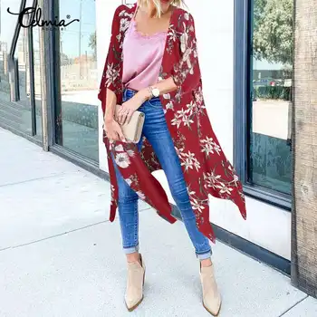 

Women Beach Cover Up 3/4 Sleeve Asymmetrical Tops Celmia Ladies Vintage Floral Print Blouses Long Kimono Cardigans S-5XL 7