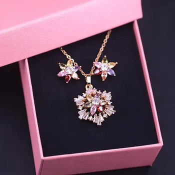 

Luxury Snowflake Square Multi Color Zircon Gold Color Jewelry Set For Women Earrings Necklace Set In Store