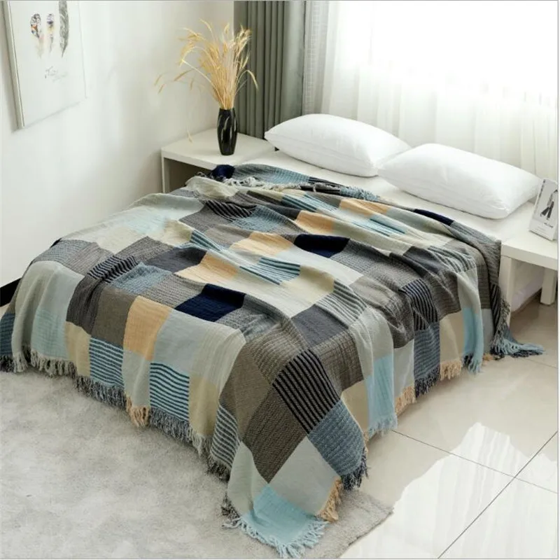 Хлопковое многофункциональное двустороннее жаккардовое полотенце для дивана, вязаное одеяло с кисточкой, домашнее декоративное покрывало с нитью