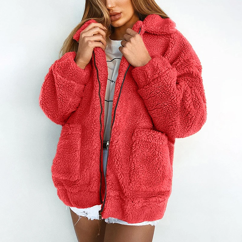 Зимнее теплое пальто из искусственного меха для женщин, отложной воротник, топы с длинными рукавами, карманы, молния, пальто, повседневное пальто из овечьей шерсти, куртки