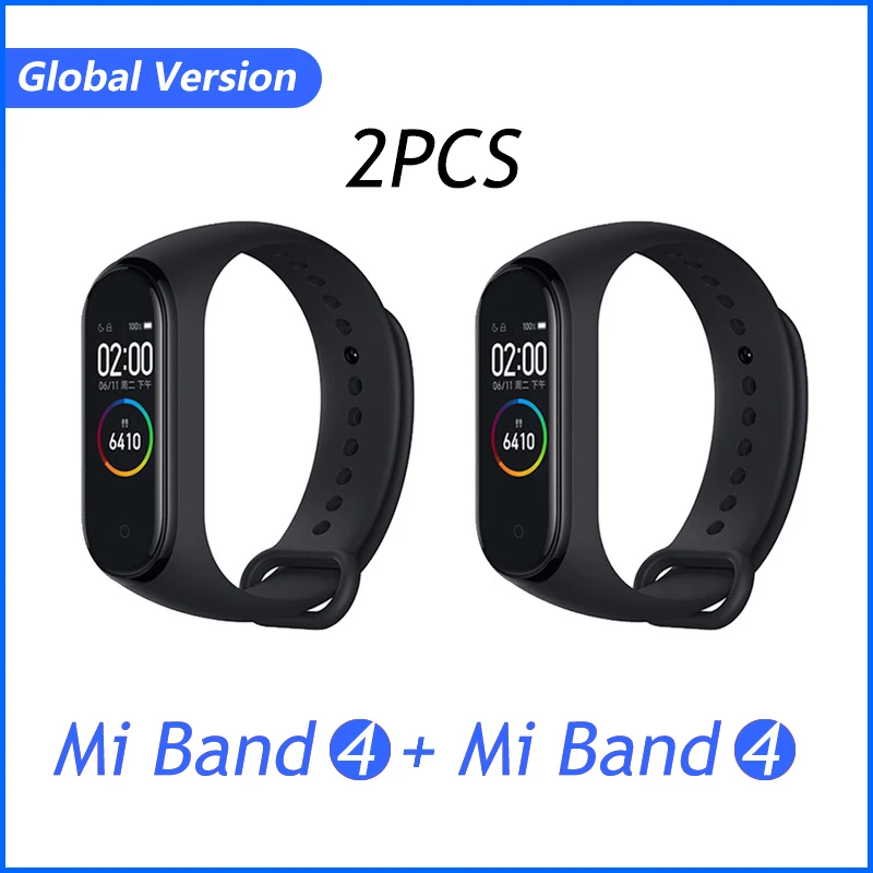 GB version 2 pcs Xiaomi Mi группа 3 4 глобальная Версия смарт-Браслет фитнес-браслет часы 3 большой сенсорный экран сообщение время сердечно - Цвет: GB version 2 pcs