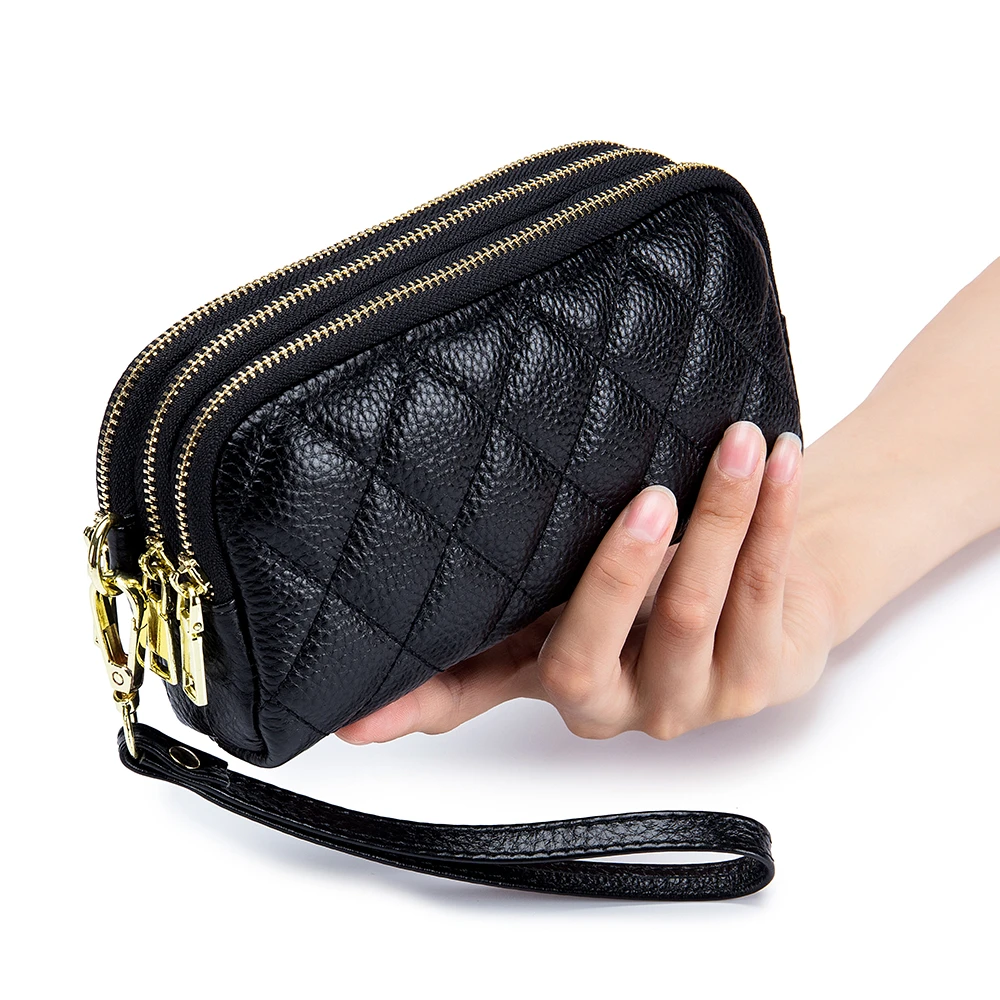 Monedero con 3 cremalleras para mujer, monedero pequeño de diseño acolchado negro para cambios, bolsos de mano de piel para - AliExpress