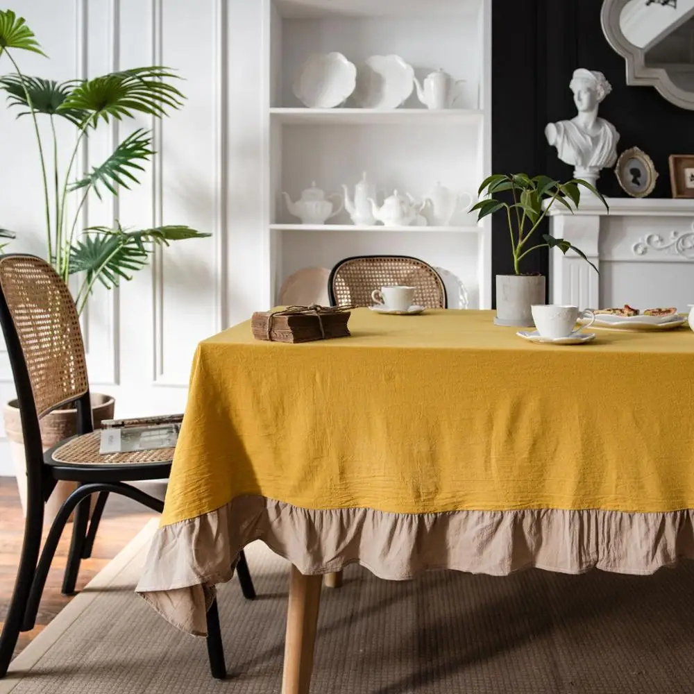 

New Year's Tablecloth Yellow Contrast Color Ruffle Tablecloth For Table Rectangular Table Cover Christmas Tablecloth For Home