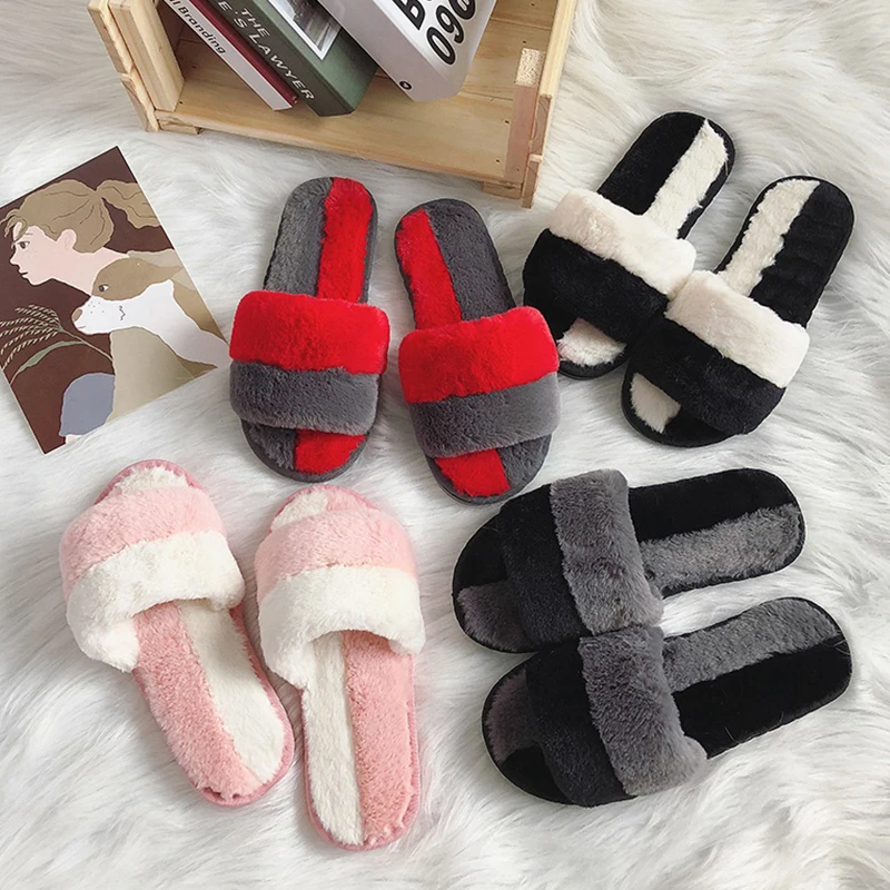 

patchwork short plush slides women winter home slippers fur sliders flat mules shoes woman fluffy dames slipers furry ladies