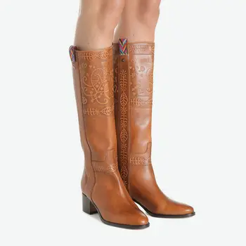 

Fashion Fretwork Leather Knee High Boots Autumn Winter Women Square Heel Long Boots Slip On 2019 New Woman Shoes