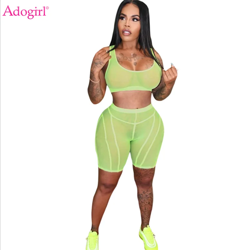 

Adogirl Solid Sheer Mesh Two Piece Set Women Tracksuit Sleeveless Crop Top Tank Biker Shorts Stretchy Sportswear Club Suit