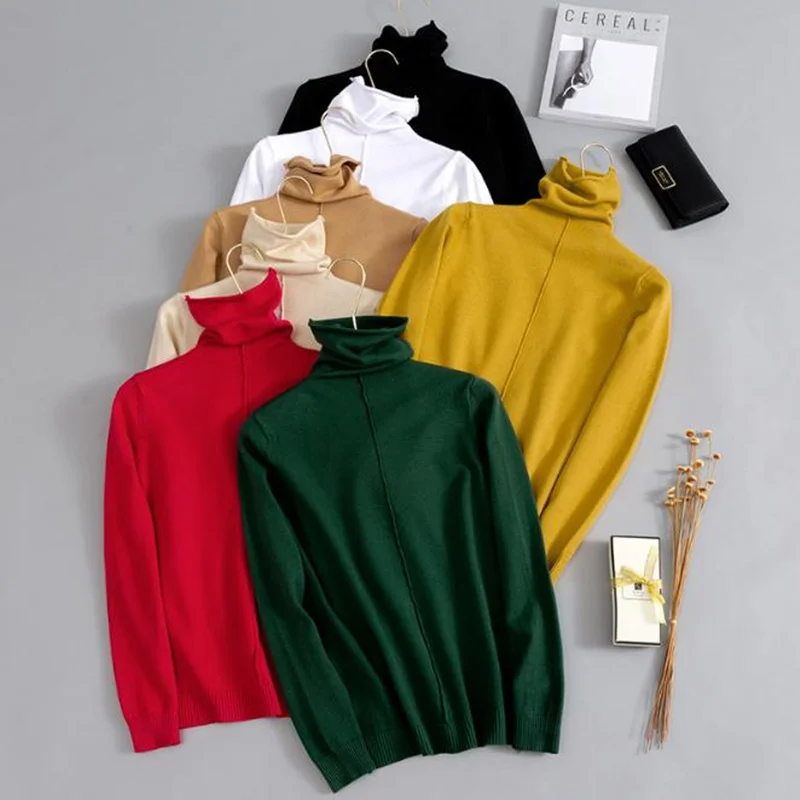 

Women Sweater Soft Skinny Autumn Winter Turtleneck ladies Bodycon thick Basic Pullovers Long Sleeve Bottoming Female Top red