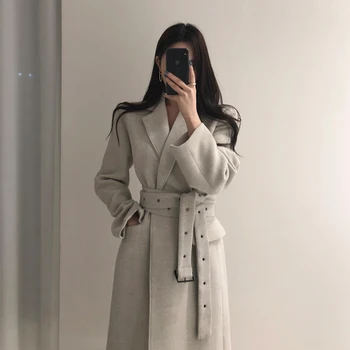 

2020 Spring Woman Coats High Qulity Winter Wool Long Coat With Belt Office Lady Fashion Lace Up Coats Outerwear