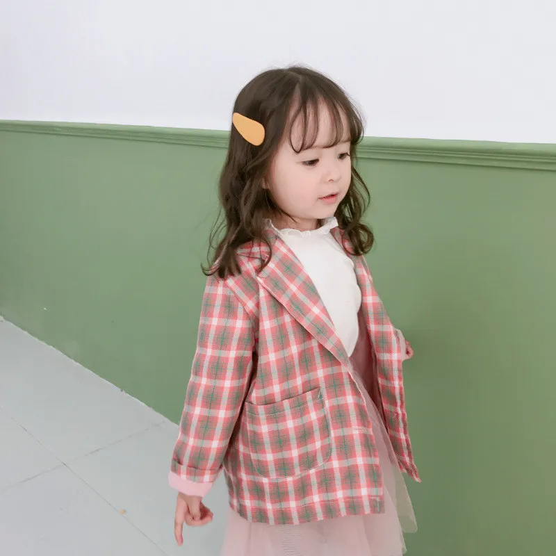 Куртки для девочек 1, 2, 3, 4, 5, 6, 7 лет Повседневный клетчатый костюм детские пальто с воротником модная верхняя одежда для малышей, Новое поступление, осенние детские куртки