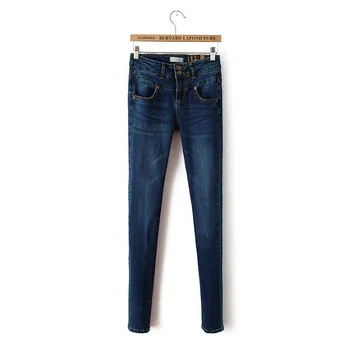 

women's two button fit mid waist elastic Denim Pants 2020 Summer versatile Pocket Jeans Pants
