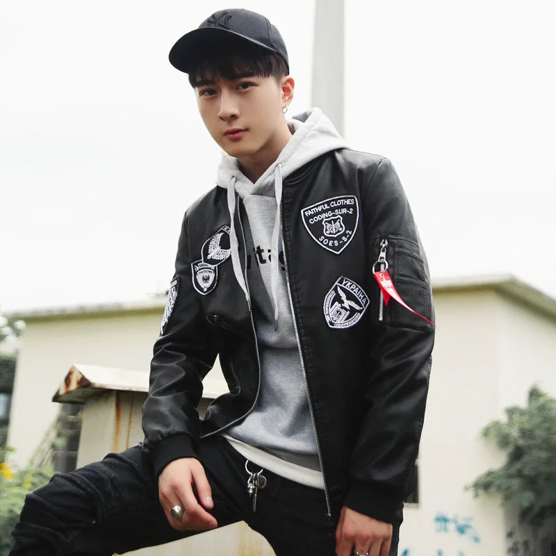 

Hot Selling Europe And America Badge Popular Brand PU Leather Pilots Jacket 2019 Baseball Uniform Fashion Man Women's Dress Coat
