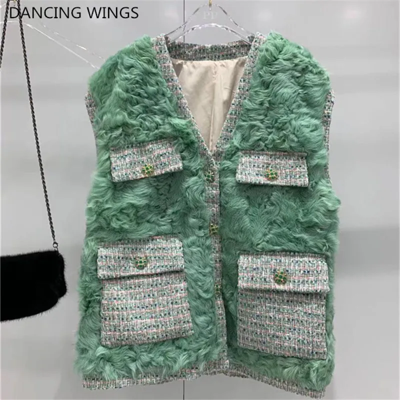 

Elegant Gilet Women 2019 Small fragrance Tweed Pocket Real Lamb Fur Vest Sleeveless Top Women