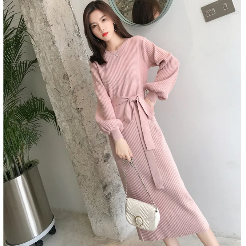 

2019 autumn and winter thin lanterns long sleeves in the long section with a waist to make a bottom knit wool dress