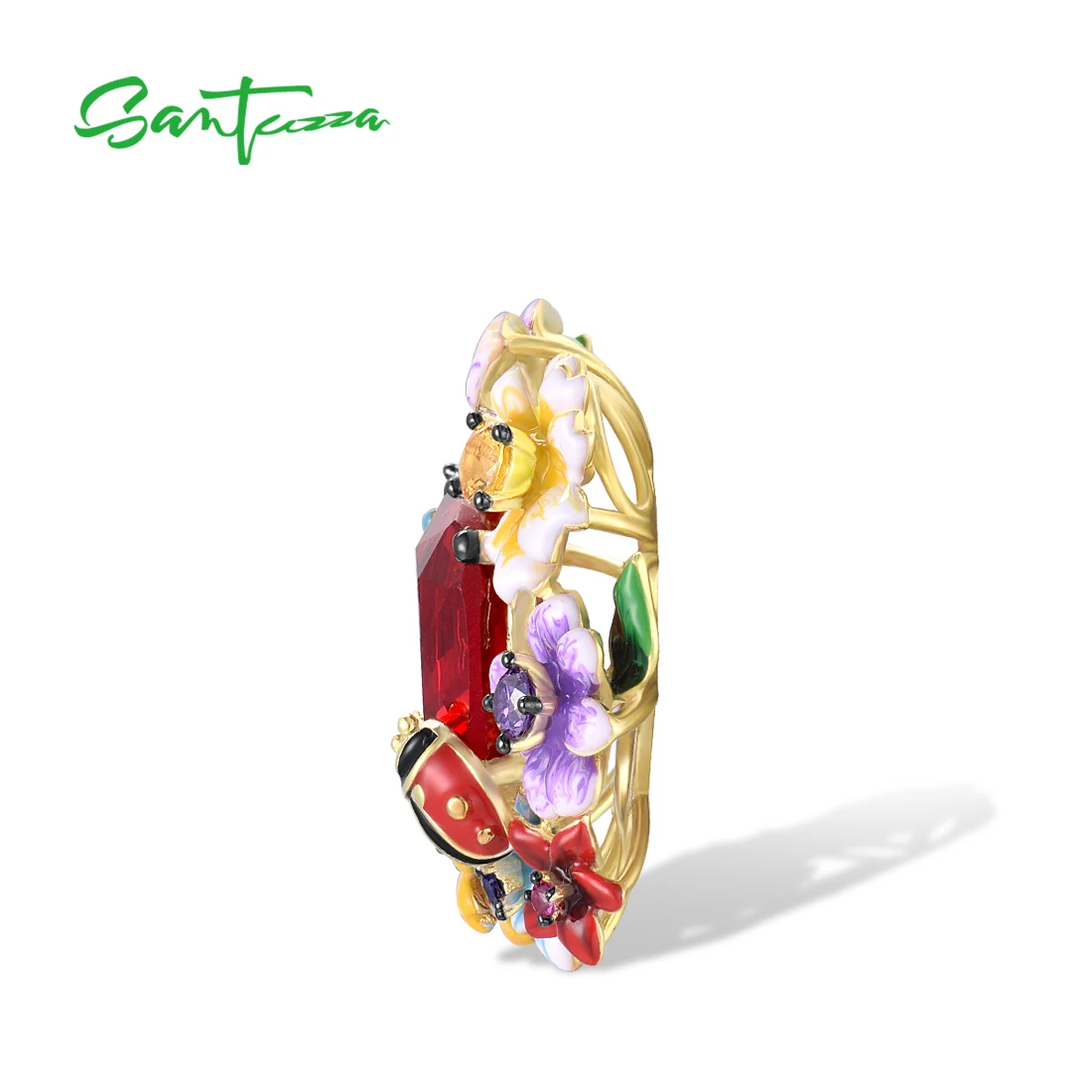 SANTUZZA Pure 925 Sterling Silver Pendant For Women Red Stone Colorful Flowers Butterfly Ladybug Fine Jewelry HANDMADE Enamel