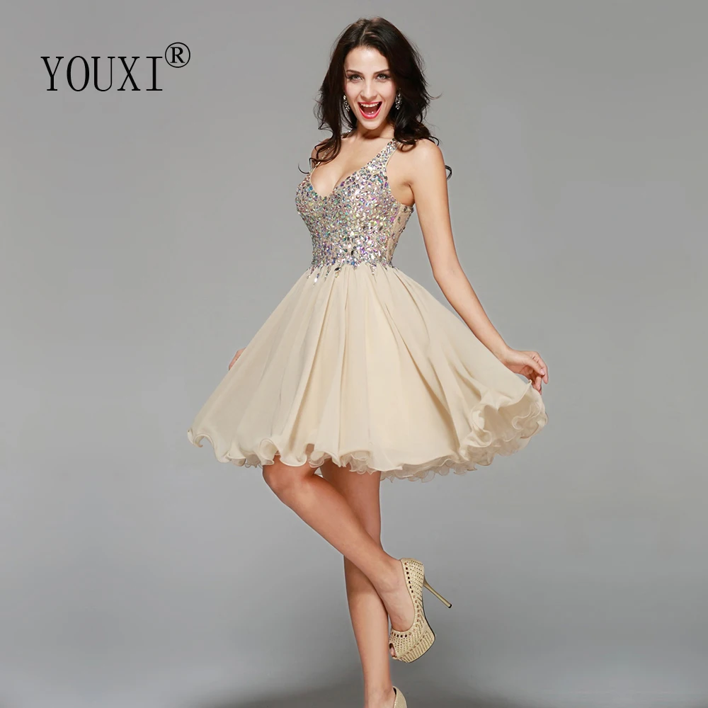 Sexy Champagne Chiffon Lace Crystal Cocktail Dresses Short Prom Dresses for Homecoming Graduation