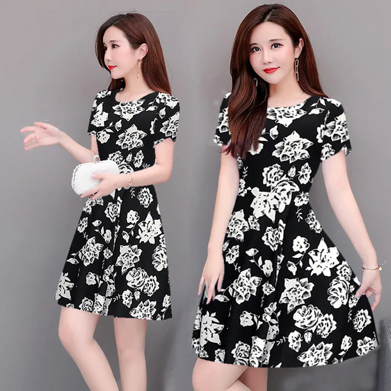 

New Style Summer Mid-length Middle-aged Women Dress Floral-Print Middle-aged Large Size Dress Short Sleeve Printed A- line Skirt