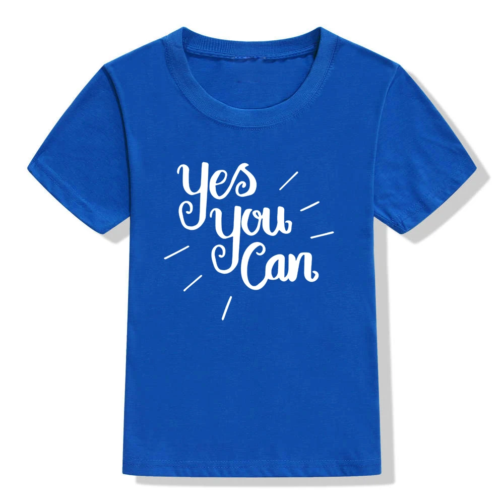 Детская футболка с надписью «Yes You Can» Детская футболка для мальчиков и девочек, одежда для малышей Забавные милые футболки, летняя мода, Прямая поставка