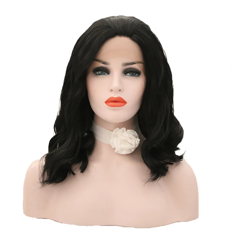 

RONGDUOYI Natural Wave Short Bob Synthetic Wig with Free Part Black Heat Resistant Fiber Hair Lace Front Wig Daily Use for Women