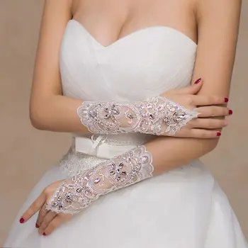

Womens Sheer Short Gloves Floral Lace Water Drop Rhinestone Criss Cross Ribbon Bandage Fingerless Mittens