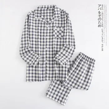 

Plain Casual Pajamas Japanese Style Long Sleeve 2PCS Sleepwear Plaid Suit Cotton Gauze Casual Loose Household Home Clothes