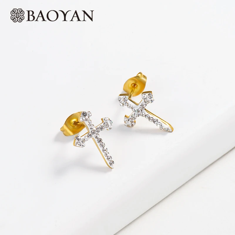 Baoyan, маленький крест, серьги-гвоздики,, винтажные стразы, серьги с крестом, розовое золото/серебро/золото, серьги из нержавеющей стали для женщин