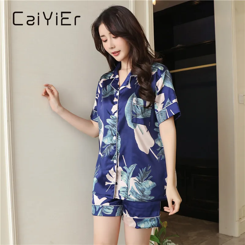 

CAIYIER Women Summer Silk Pajamas Set Short Sleeve Shorts Casual Sleepwear Ladies Lingerie Flower Print Sexy Home Wear Pijama
