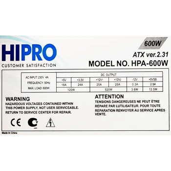 

Hipro power supply (HIPO DIGI) HPA-600W, Black
