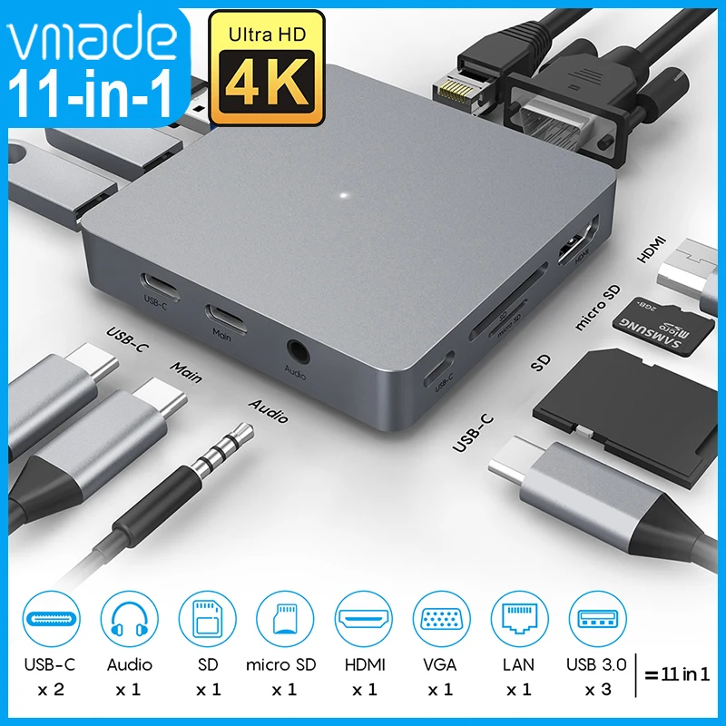

USB 3.1 Type-C 11 in 1 Hub To 4K Ultra HD Adapter USB 3.1 Hub with Network Port Hub 3.0 TF SD Reader Slot PD for MacBook Pro/Air