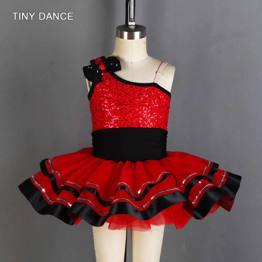 

Sparkling Red Sequin Loetard Bodice with Attached 4 Layers Tulle Tutu Skirt with Black Ribbon Trim Kids Ballet Dance Tutus 20055