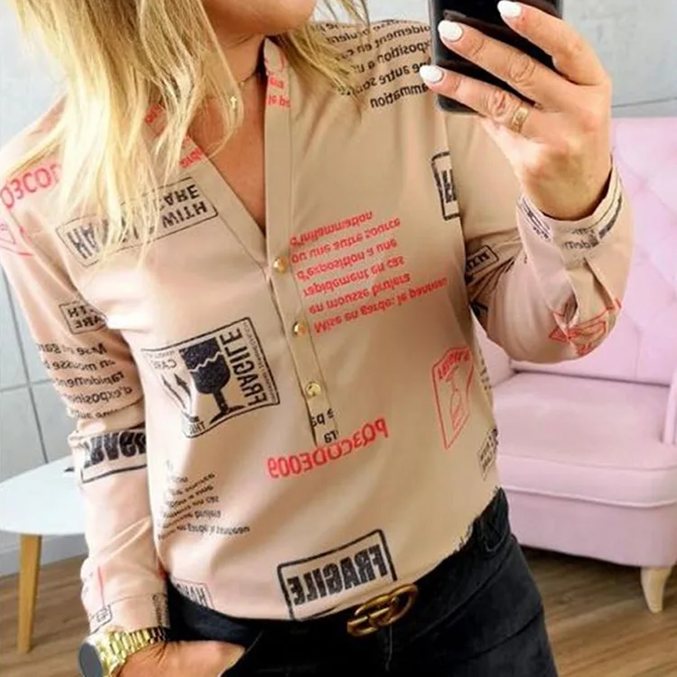 Letter Print Khaki ELSVIOS, повседневная, с рисунком, квадратная, рабочая блуза для женщин,, осень, длинный рукав, облегающий крой, топы, сексуальные, v-образный вырез, на пуговицах, размера плюс, рубашка - Цвет: Letter Print Khaki