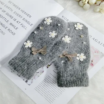 

Elegant Flowers Gloves Ladies Korean Style Simple Cute Plush Gray Winter Warm High Quality Comfortable Soft Accessories Mittens