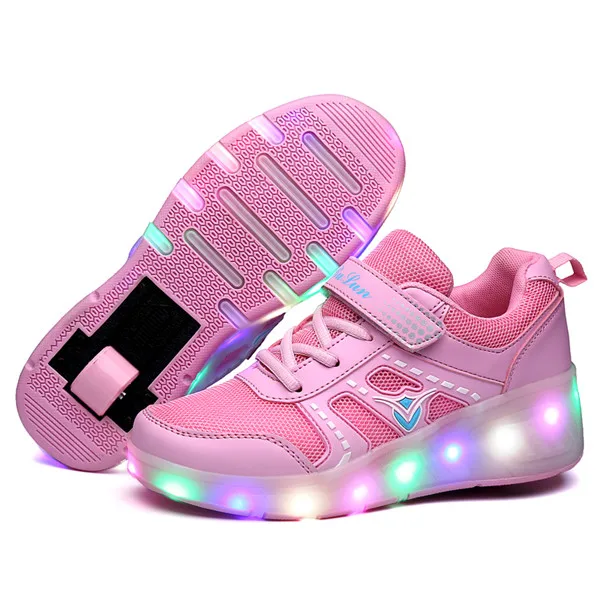 Дешевые детские светящиеся кроссовки с колесиками со светодиодной подсветкой Роликовые Коньки Спортивная светящаяся обувь для детей мальчиков розовый черный розовый