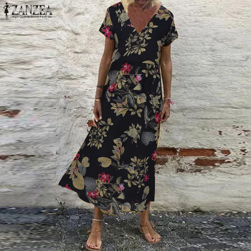 ZANZEA 2021 Vintage Summer Maxi Dress Women's Printed Sundress Casual ...