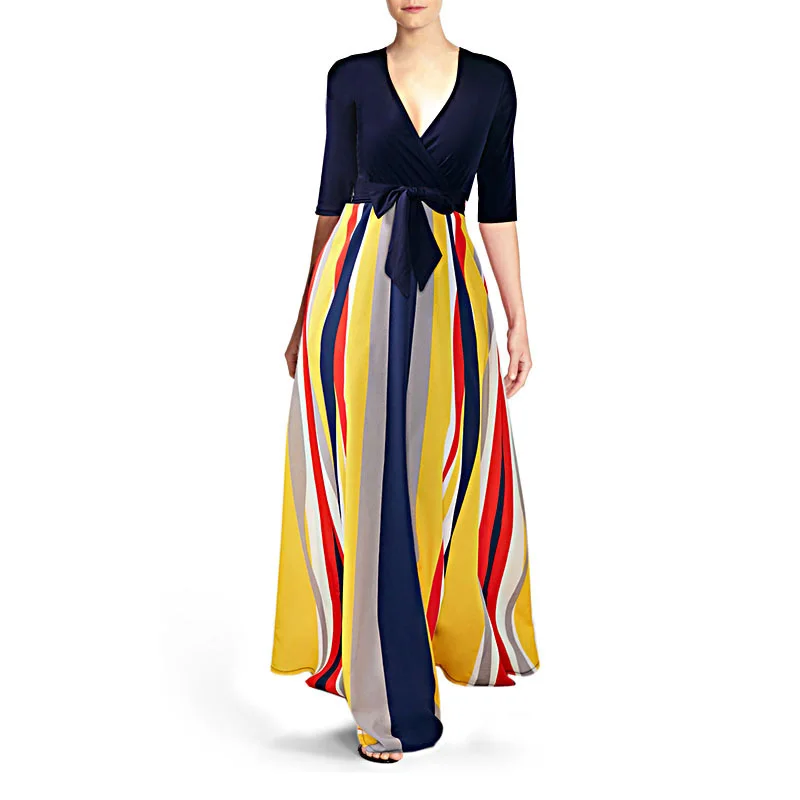 Dresses Woman Party Night Striped Casual Fit and Flare Half Sleeve Ankle-Length Dress with Sashes V-Neck Sexy Lady Maxi Dress