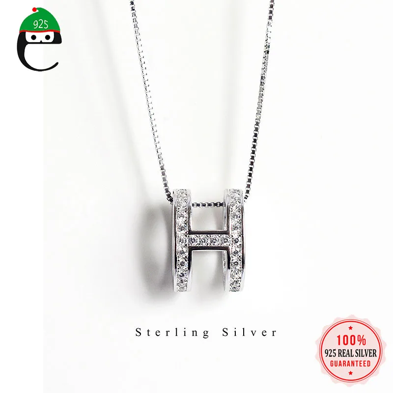 

ElfoPlataSi Genuine 925 Sterling Silver Dazzling Letter H Crystal Pendant Short Necklace For Women Silver 925 Jewelry Gift ED409