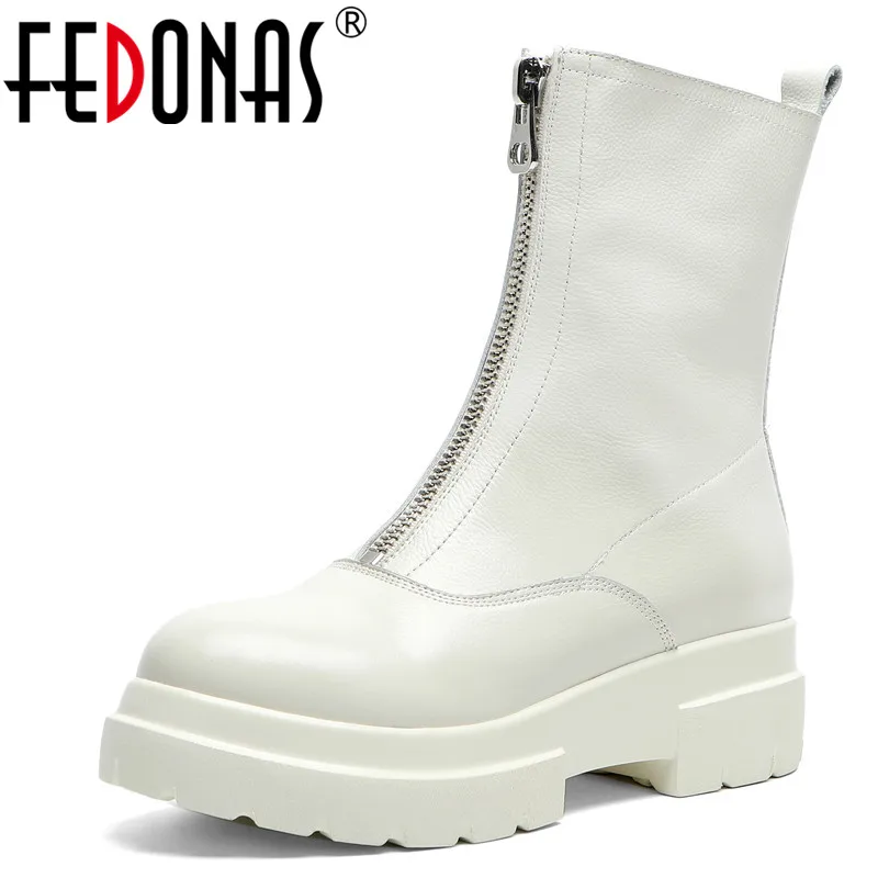 

FEDONAS Women Comfortable Solid Genuine Leather Ankle Boots Fashion Zipper Chunky Heels Party Casual Shoes Woman Chelsea Boots