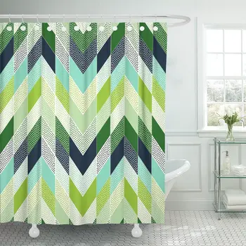 

Green Chevron Doodle Dots Zig Zag Patchwork Pattern Teal Shower Curtain Waterproof Polyester Fabric 60 x 72 Inches Set with Hook